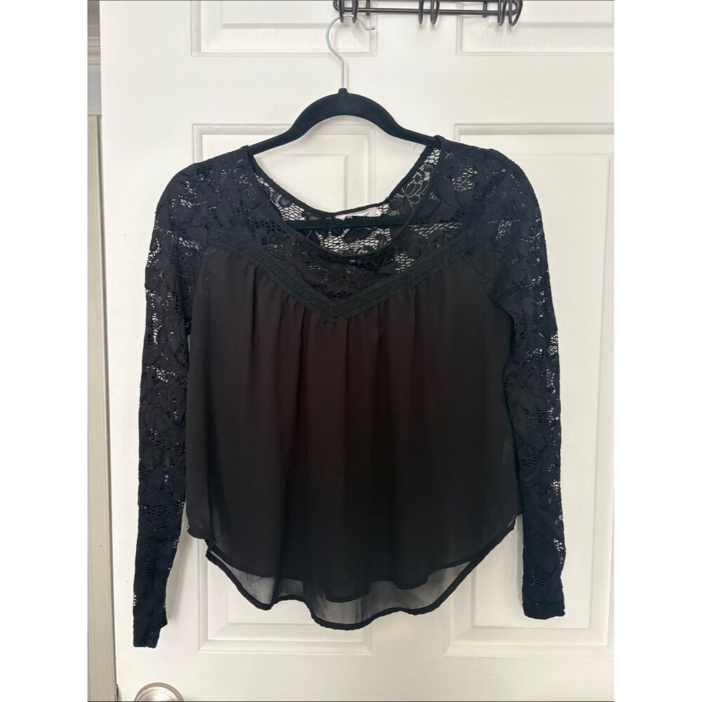 Lush Black Lace Yoke Long Sleeve Blouse